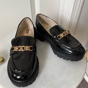 Girls Black Loafers with Gold Accent